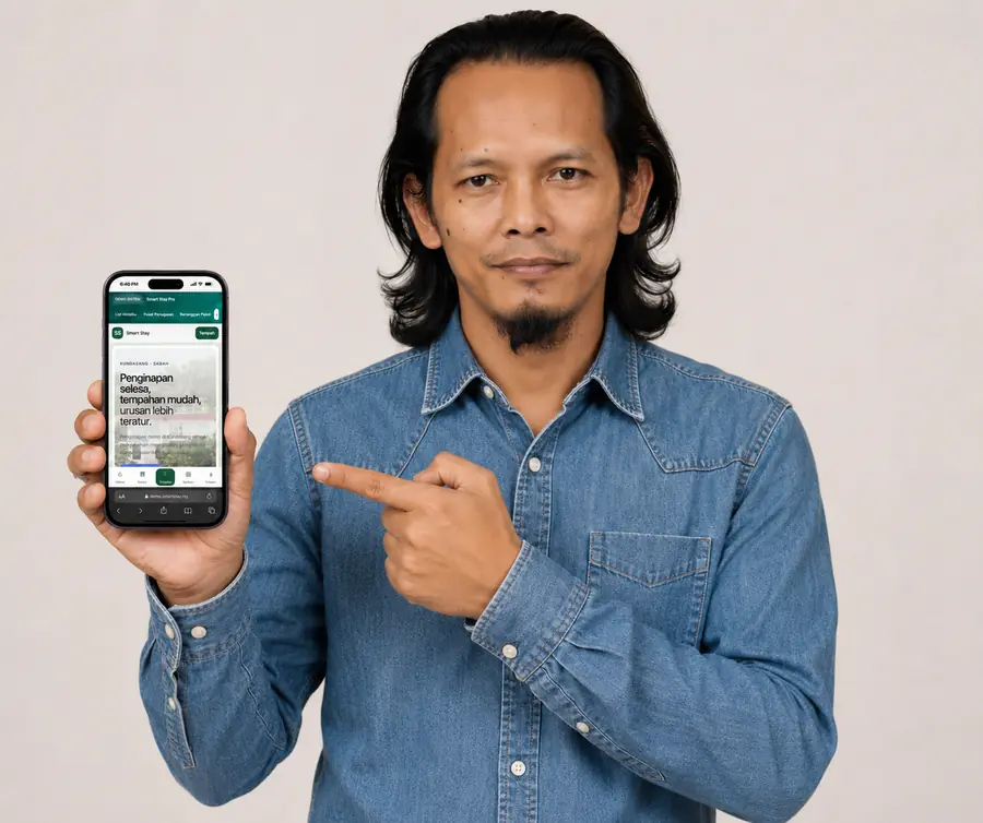 Pengusaha menunjukkan Smart Stay pada telefon